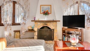 Una habitación con chimenea, televisión y cama.