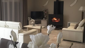 A modern living room with a fireplace, sofas, a TV, and decorative elements.