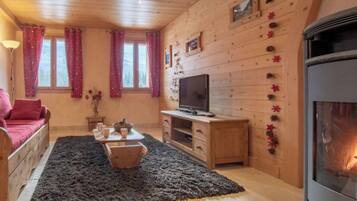 Télévision, cheminée, lecteur de DVD, table de tennis de table