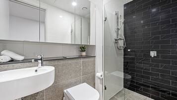 Shower, hair dryer, towels, soap