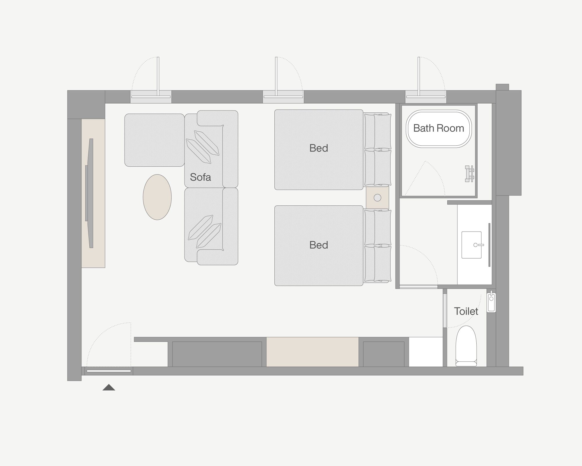 A floor plan of a hotel room with a bed, sofa, and a bathroom.