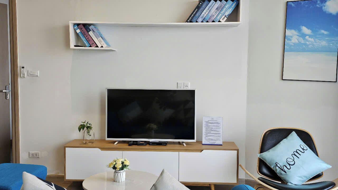 En moderne stue med et fladskærms-tv på et træstel, en reol med bøger, en lille plante og en 'home'-pude på en sort stol.