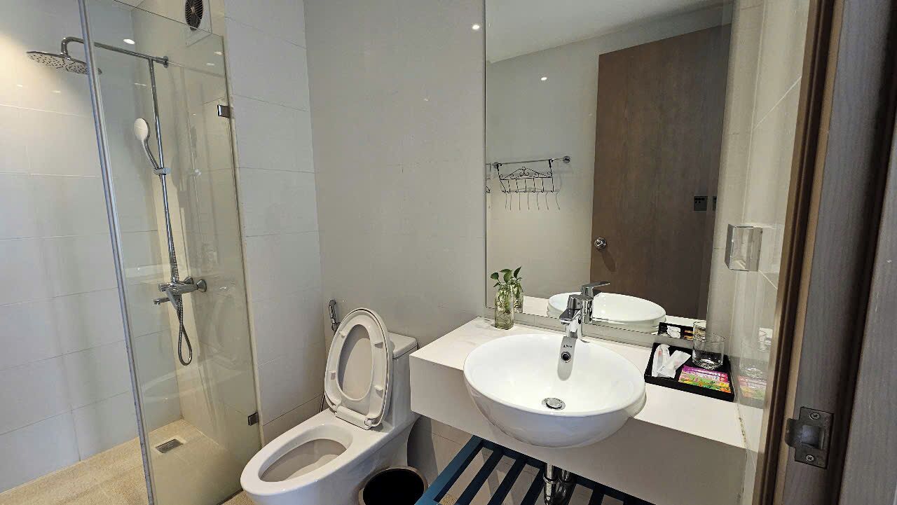 A modern bathroom with a glass-enclosed shower, a white toilet, and a sink with a mirror above it.