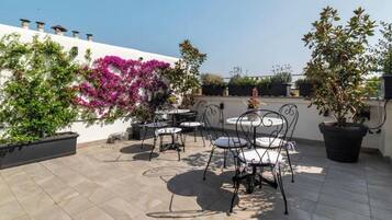 Eine Dachterrasse mit Sitzgelegenheiten im Freien, Topfpflanzen und einer weißen Wand mit Grünpflanzen.