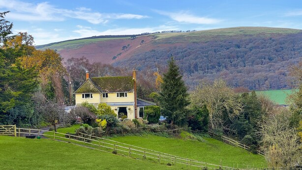 Ein Haus mit einem grünen Dach, umgeben von einem eingezäunten Garten und Bäumen.