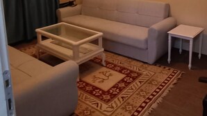 Una sala de estar con sofá, una mesa de centro, una mesita auxiliar, un tapete estampado y una lámpara del techo.