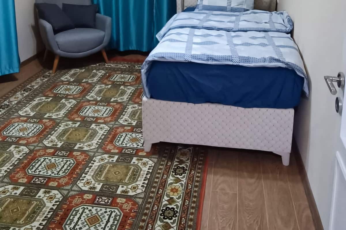 Une chambre à coucher avec un lit, une chaise et un tapis à motifs.
