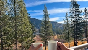 A person holding two white mugs, overlooking a mountainous landscape with pine trees. - The Meadows- Charmed Ski & Relax Studio (Kirkwood)