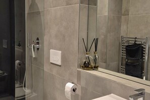 Shower, hair dryer, bidet, towels