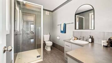 Shower, hair dryer, towels, shampoo