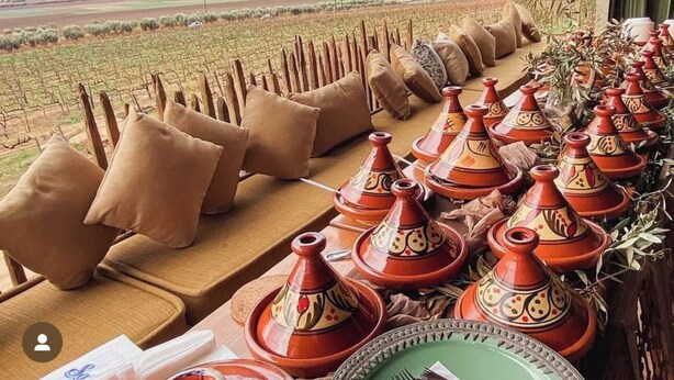 Una terrazza con vista su un vigneto e montagne, arredata con cuscini e tradizionali vasi marocchini.