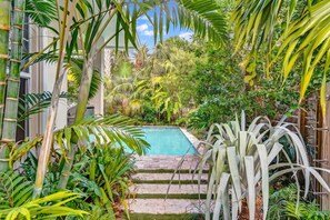 Una piscina rodeada de exuberante vegetación tropical, con un cielo despejado.