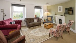 A living room with a fireplace, a sofa, a patterned rug, and a television.