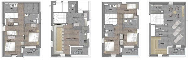 A hotel layout with separate guest rooms, a communal dining area, a wellness center, and a terrace. - Premium Lodge With Sauna (Hermagor-Pressegger See)
