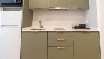 Fridge, microwave, stovetop, coffee/tea maker