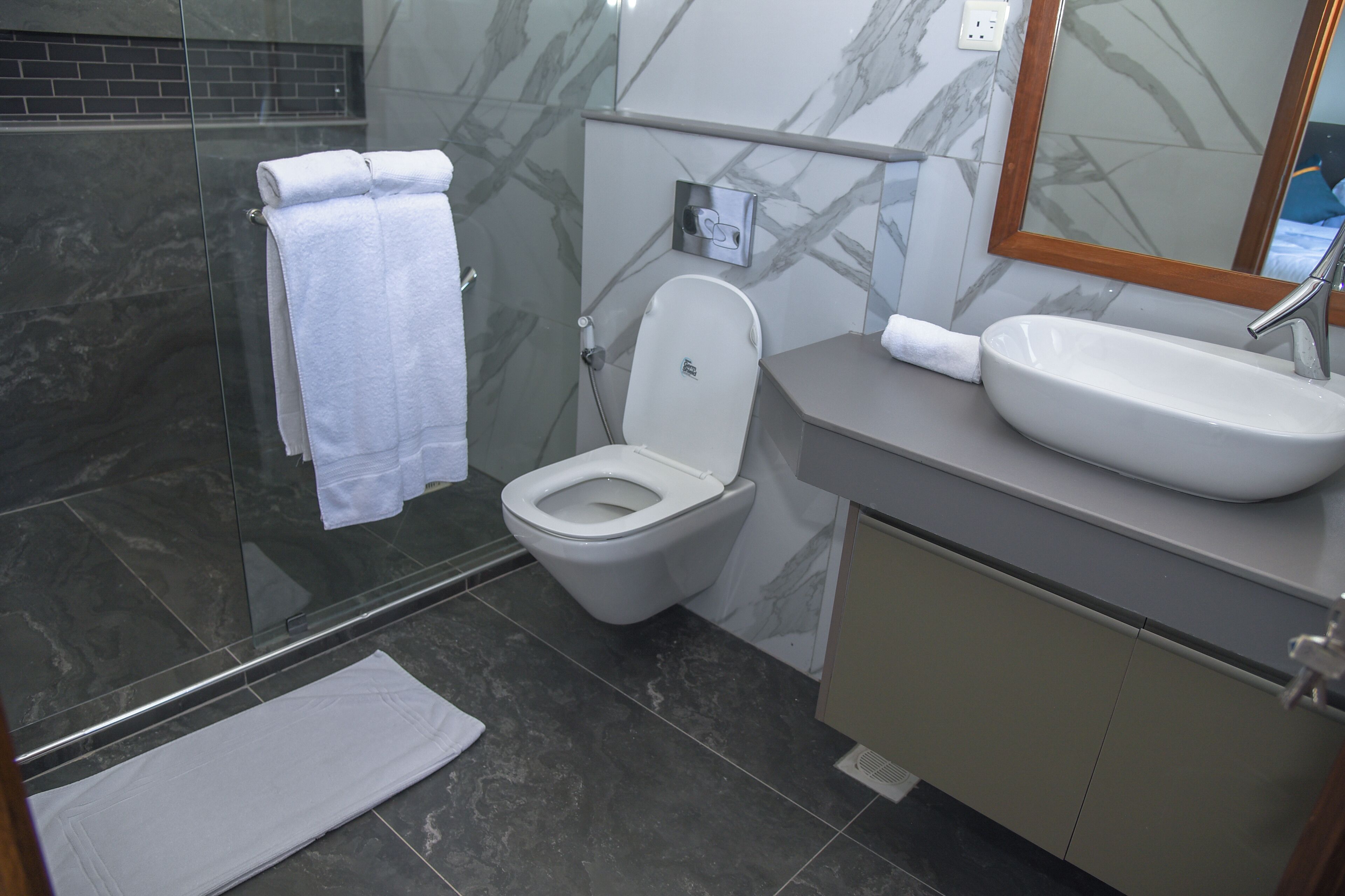 A modern bathroom with a glass shower enclosure, a white toilet, a large sink, and a mirror.