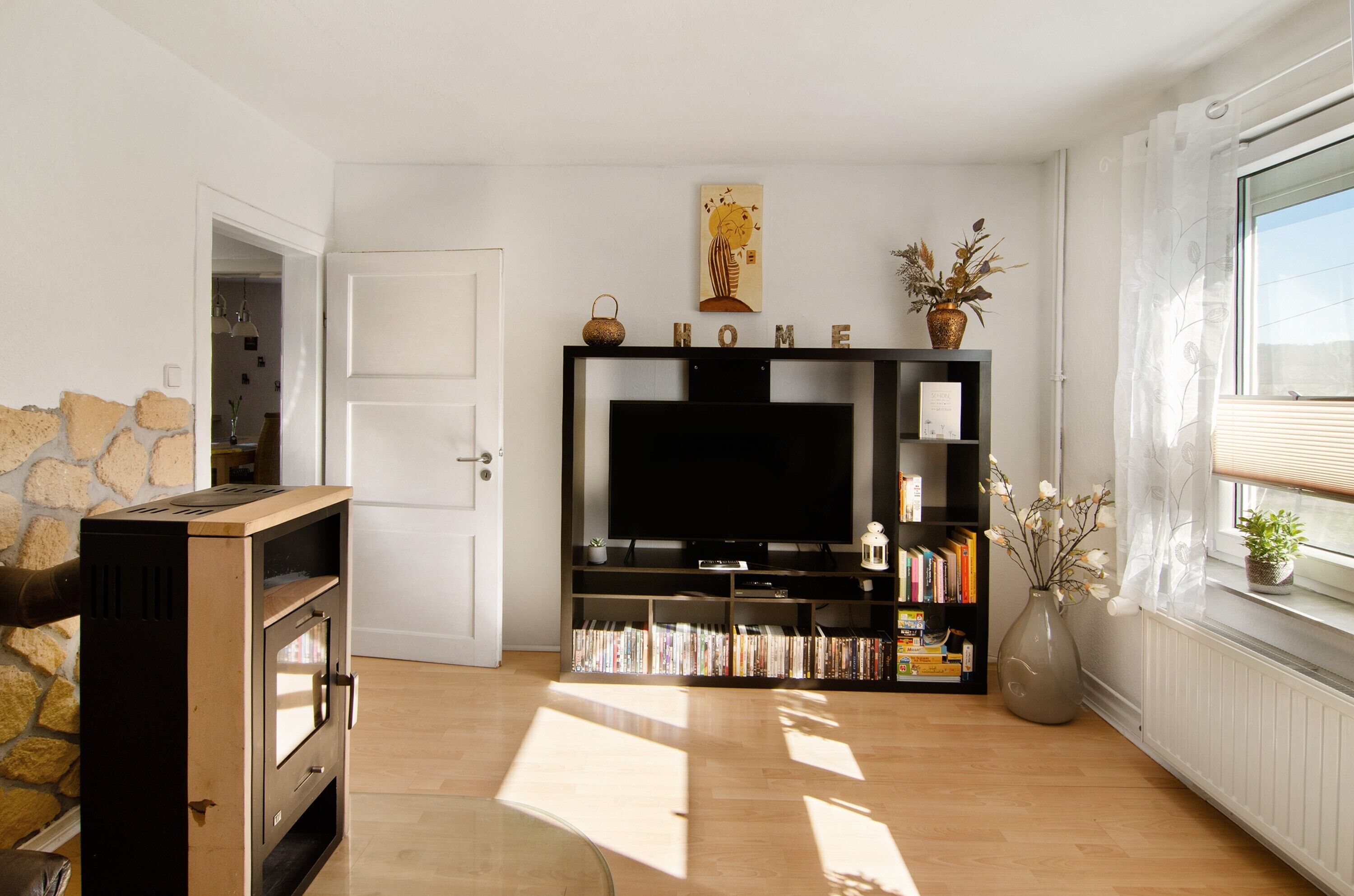 Televisión, chimenea, reproductor de DVD y tenis de mesa 