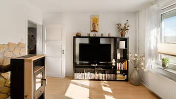 Televisión, chimenea, reproductor de DVD y tenis de mesa