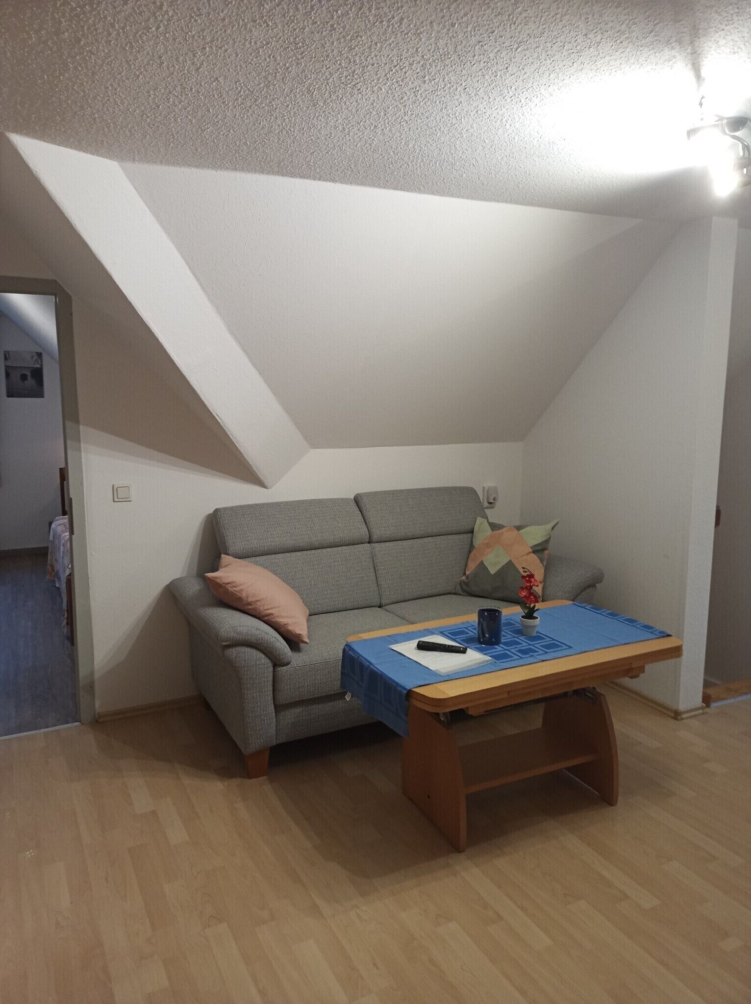 A room with a sloped ceiling, a grey sofa with a pink pillow, a wooden coffee table with a blue placemat, and a small potted plant.