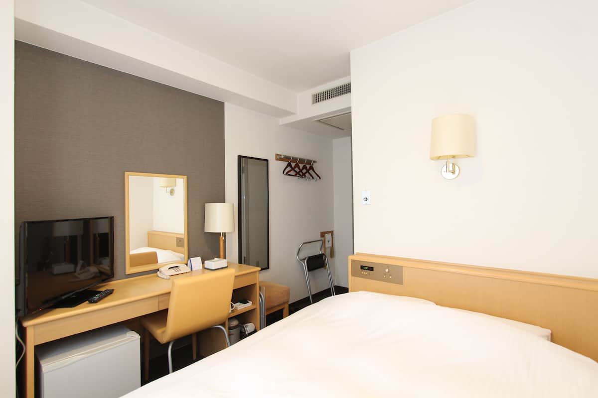 A hotel room with a bed, desk, chair, TV, and a mirror.