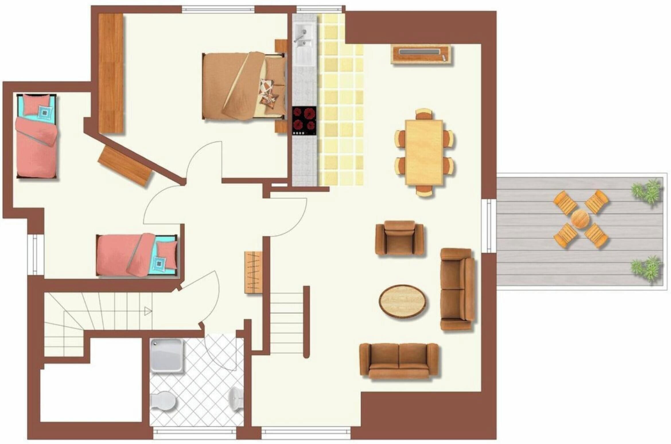 Un plan d’étage comprenant un salon, un coin repas, une cuisine et deux chambres.