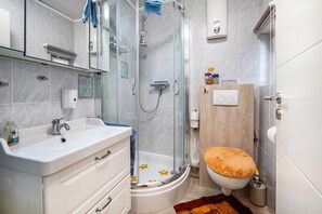 Shower, hair dryer, towels