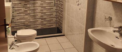A bathroom with a toilet, bidet, sink, and shower area.
