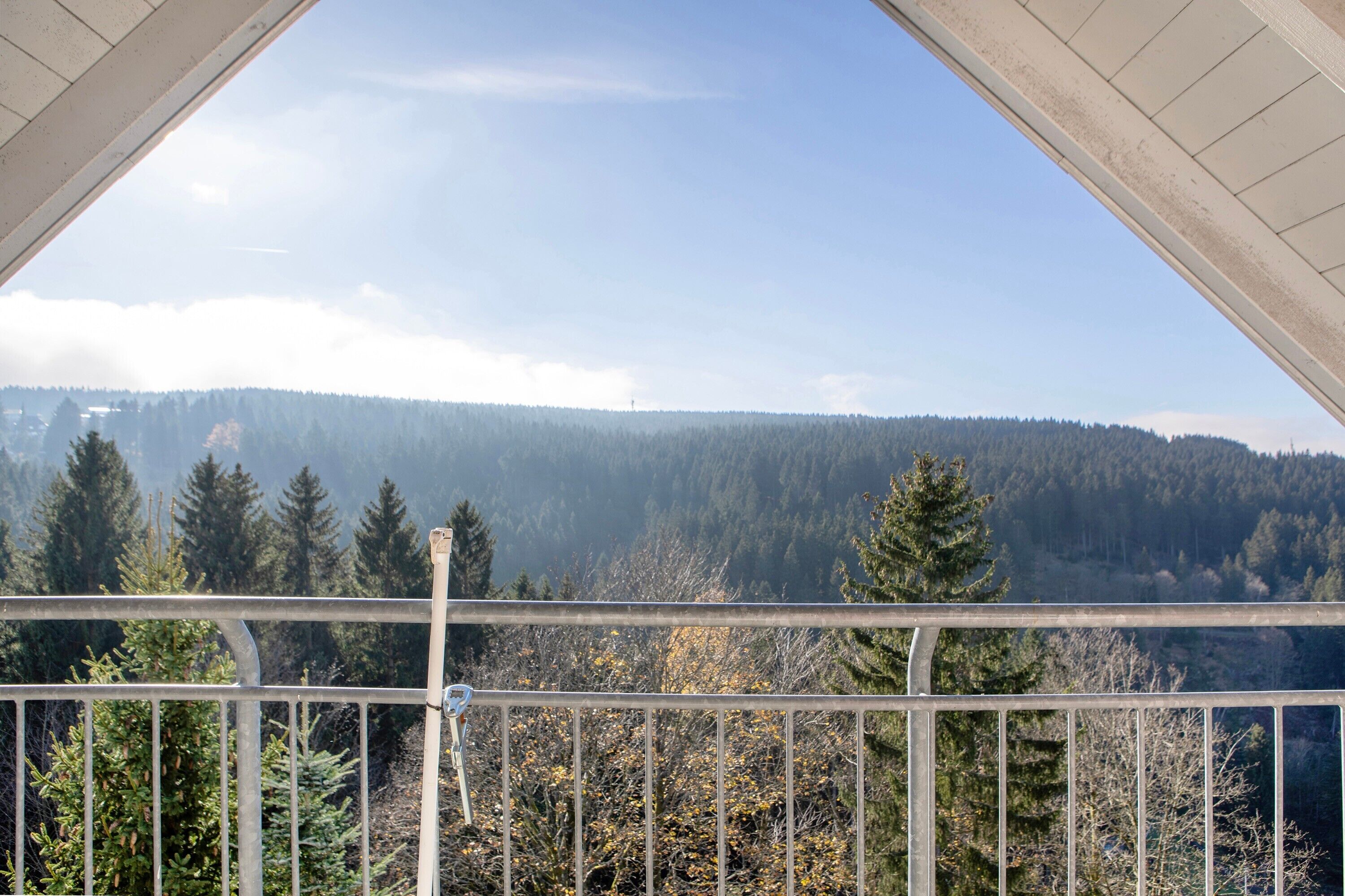 Ein Balkon mit Blick auf eine bewaldete Bergkette.