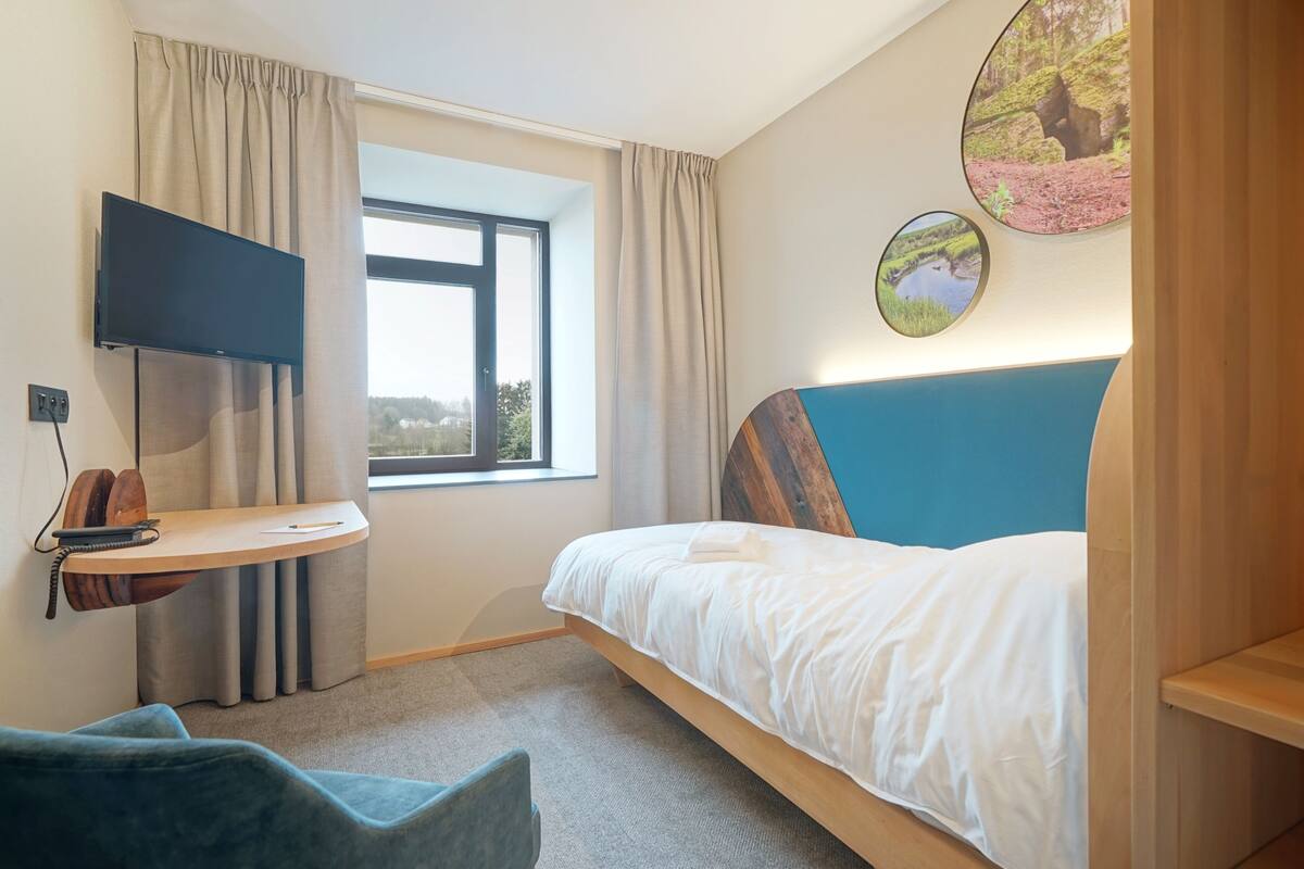 A bedroom with a bed, a desk with a flat-screen TV, a window with curtains, and wall art.