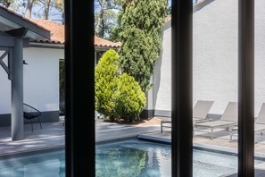 Ein Swimmingpool mit Liegestühlen, einer Terrassenfläche und einem hohen Baum.