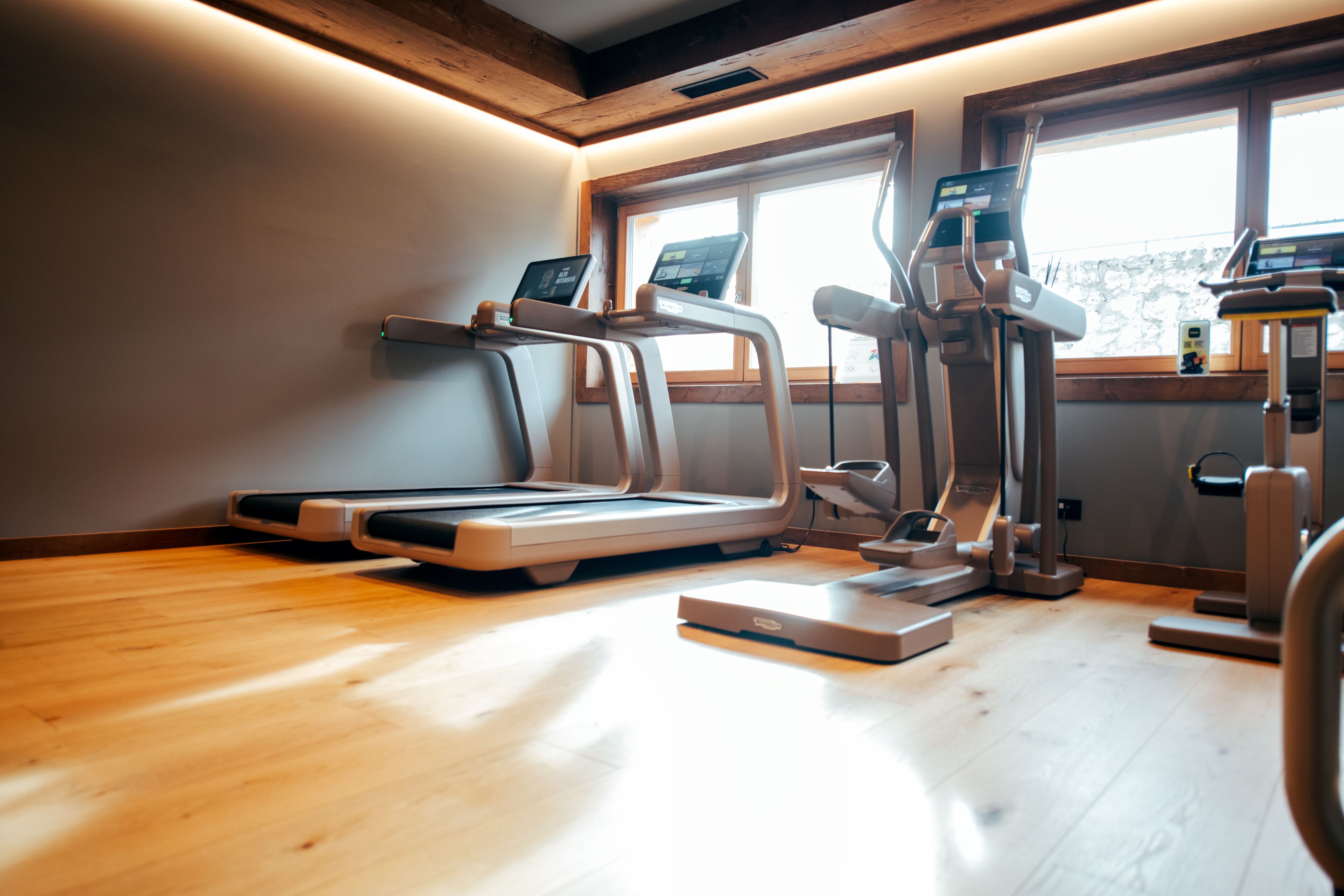 Une salle de sport équipée de tapis de course, de vélos elliptiques et d’appareils de musculation.