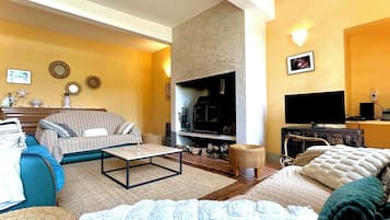 TV, fireplace, table football, books