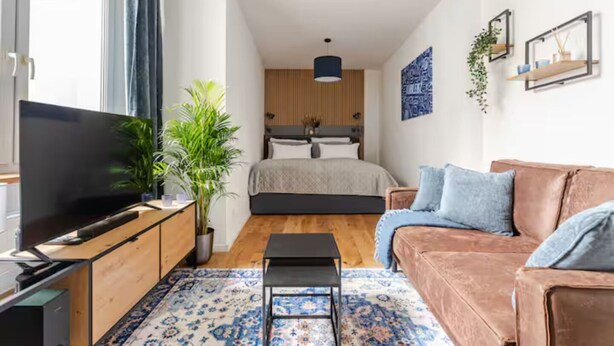 A modern, compact living space with a flat-screen TV, a wooden TV stand, a brown leather sofa, a patterned rug, a bed with a wooden headboard, and a hanging plant.