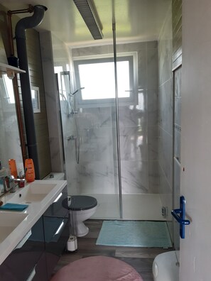 Shower, hair dryer, soap, toilet paper
