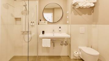 Hair dryer, towels, shampoo, toilet paper