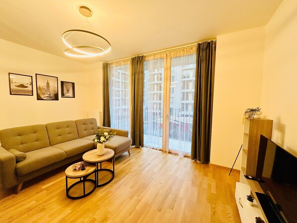 Luxury Apartment, Balcony, City View | Living area | Flat-screen TV - New Luxury Apartmen Metro Station (Prague)