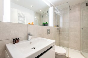 Shower, hair dryer, towels
