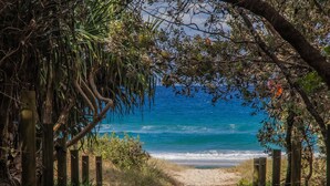 A pathway leading to a beach with wooden posts and a fence, overlooking the ocean.