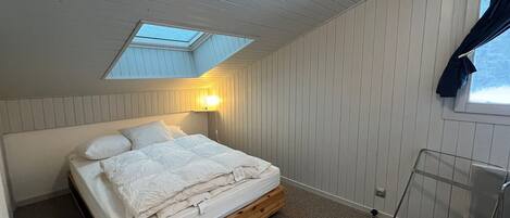 A bedroom with a skylight, a bed, a bedside lamp, and a window with a curtain.