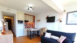 Un espace de vie compact comprenant une cuisine, un coin repas et un canapé.