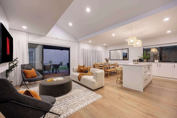 TV, fireplace, books