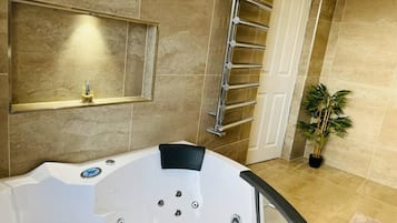Hair dryer, towels, soap, shampoo