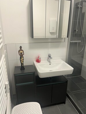 Shower, hair dryer, soap, toilet paper - Modern vacation apartment at the spa gardens Family apartment in the Oberharz (Braunlage)
