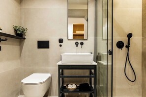 Hair dryer, towels, soap, toilet paper