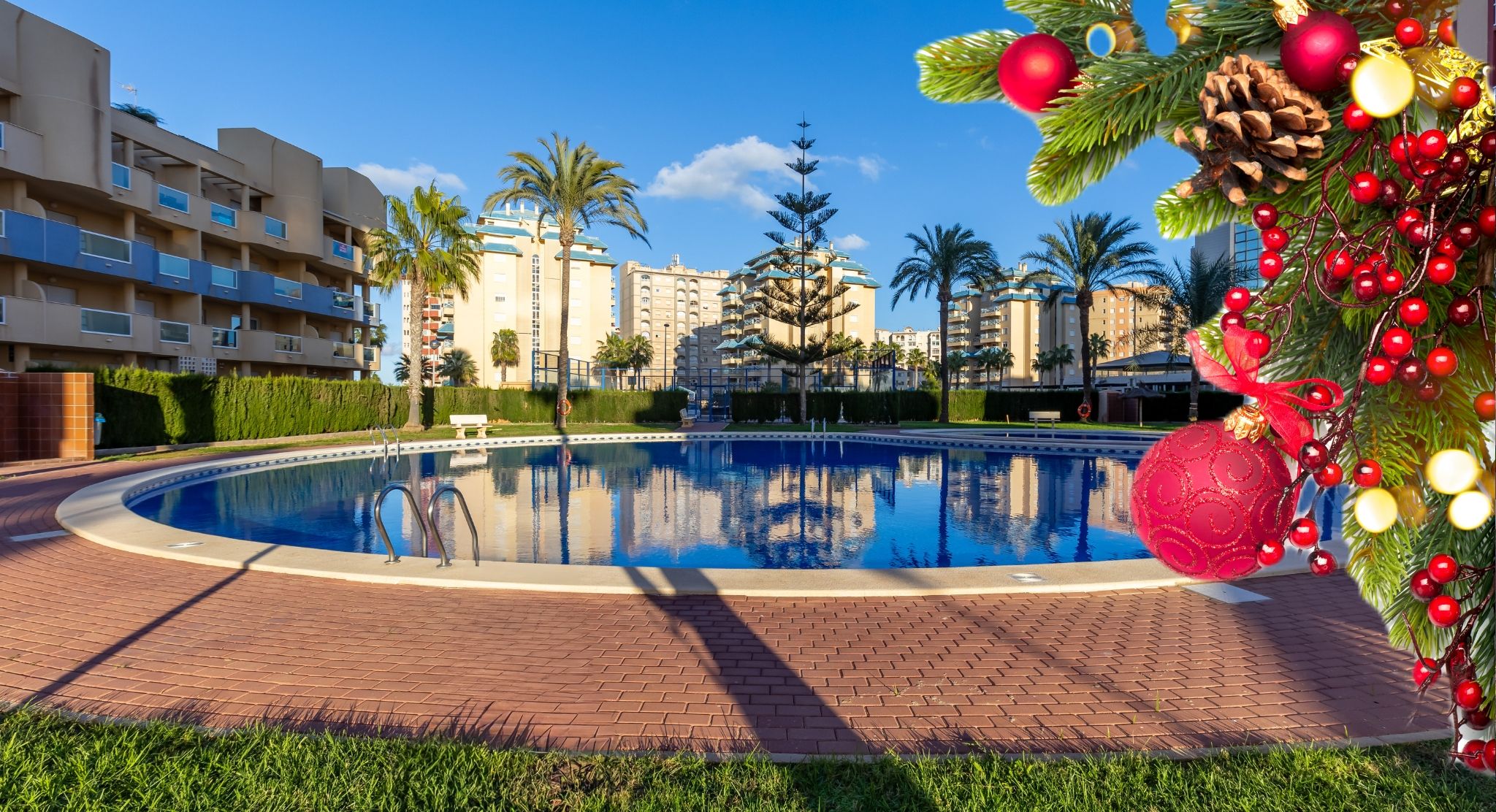 A swimming pool with a brick walkway, palm trees, and a building complex in the background.