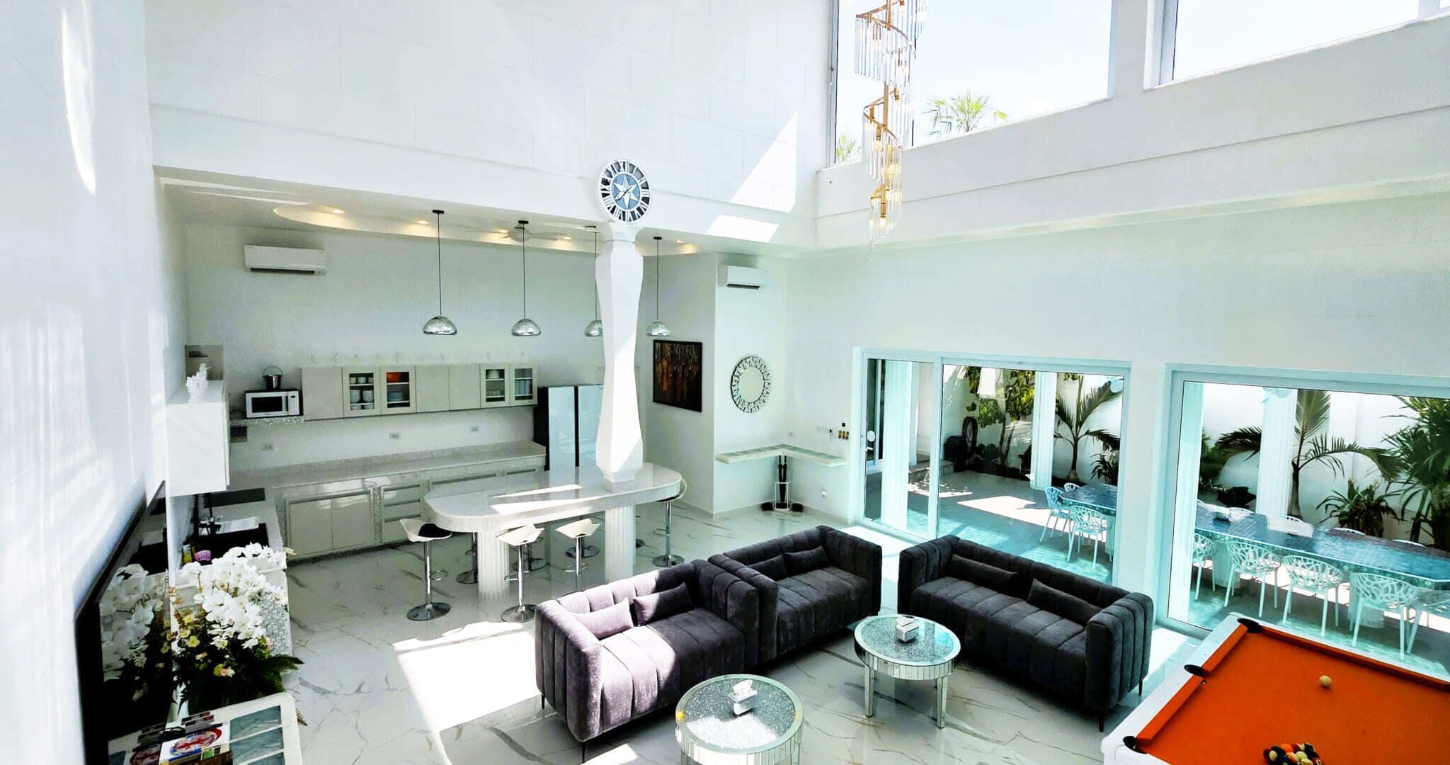 Luxury Villa, Private Pool | Living area | 85-inch LED TV with cable channels, video game console, Netflix