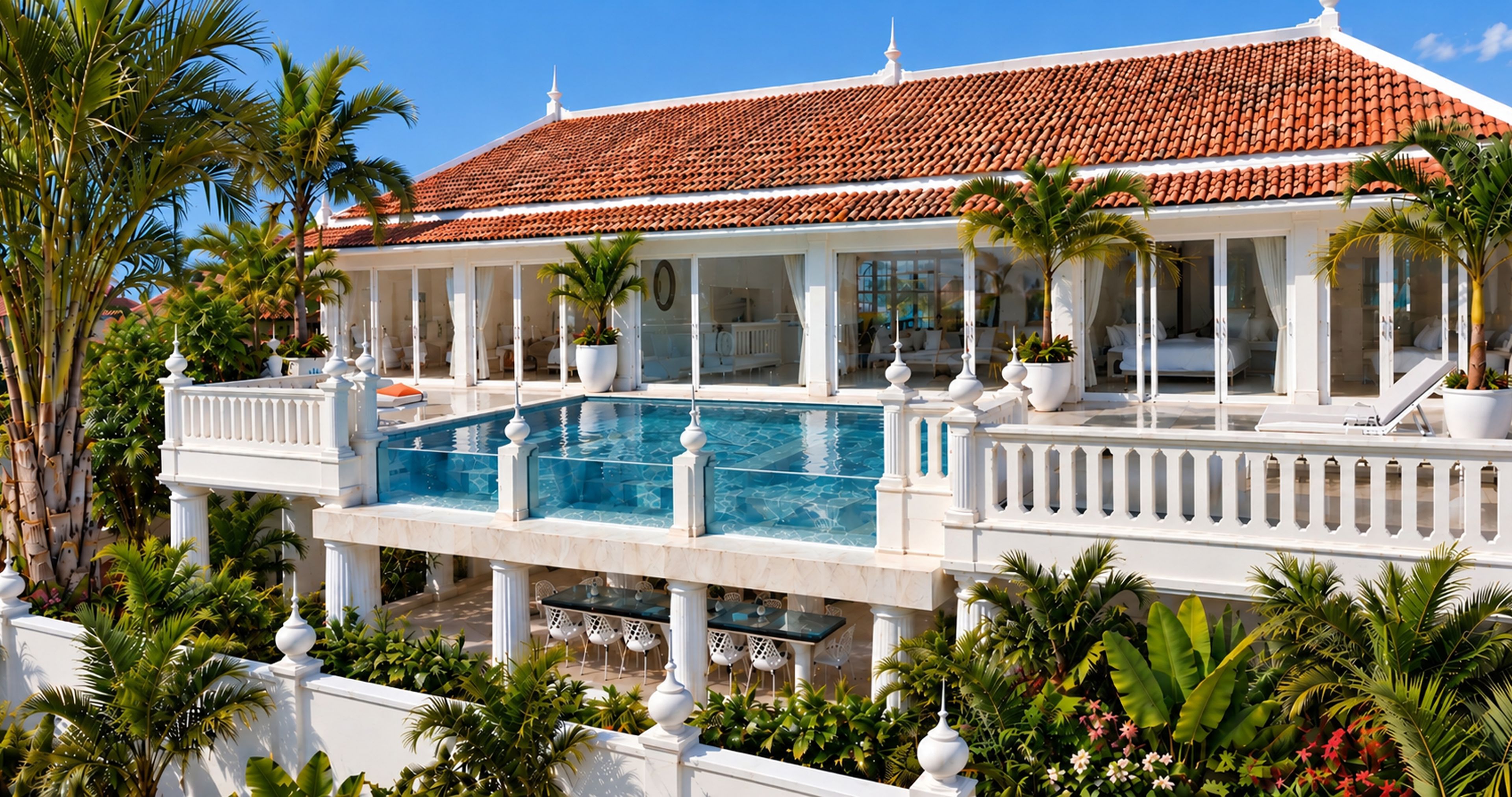 Ein Resort mit Schwimmbad, überdachter Außenbestuhlung und üppiger tropischer Bepflanzung.