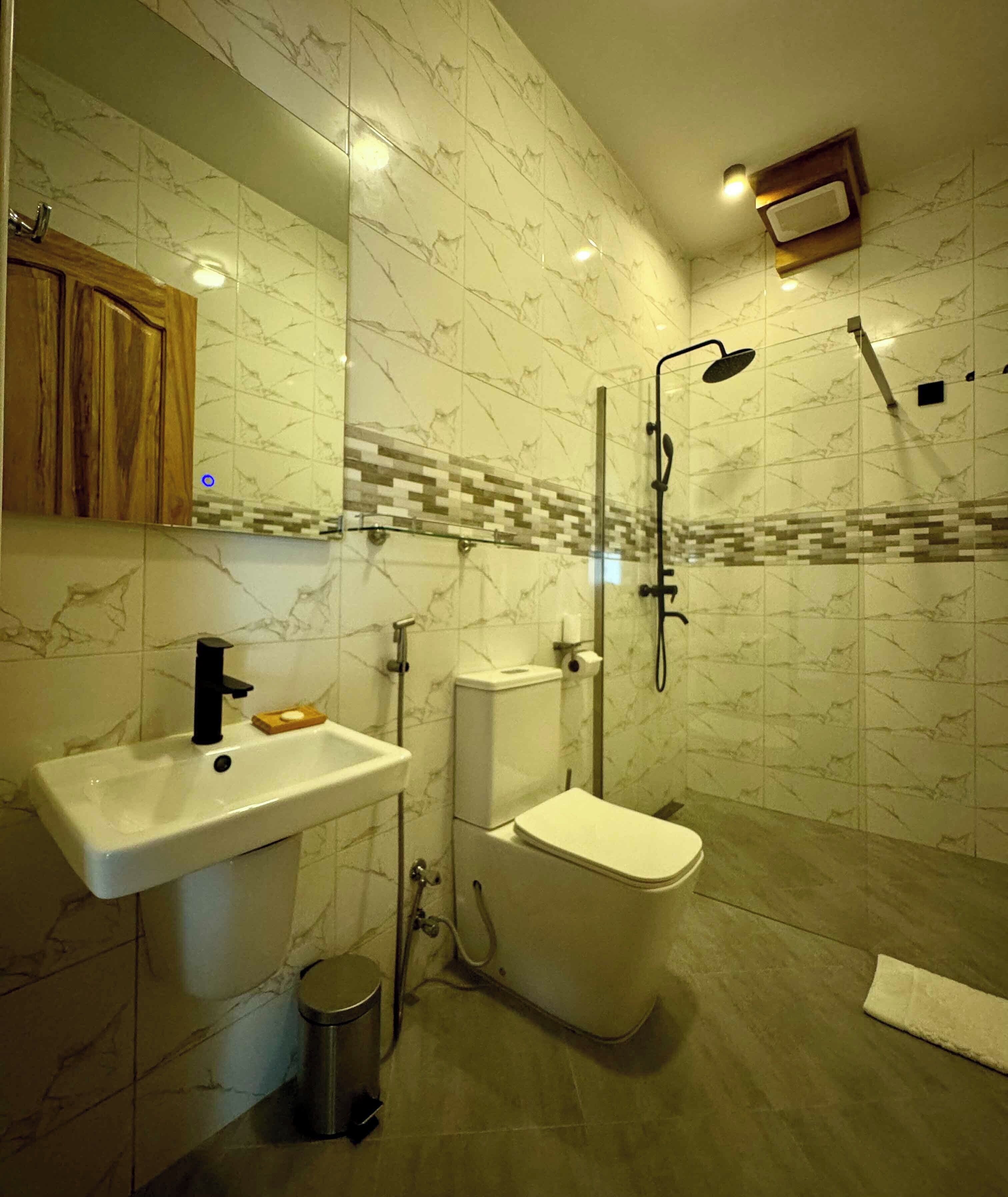 A modern bathroom with a marble backsplash, a pedestal sink, a toilet, and a shower with a handheld showerhead.