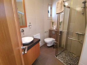 Bathroom features a sink, toilet, and glass-enclosed shower with handheld showerhead.