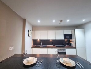 Fridge, microwave, oven, stovetop